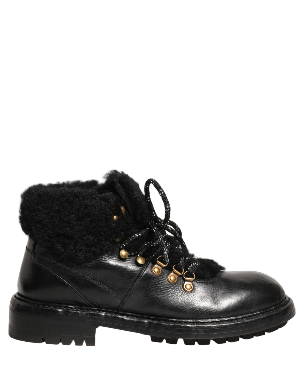 Dolce & Gabbana Black Trekking Fur Lace Leather Boots Shoes