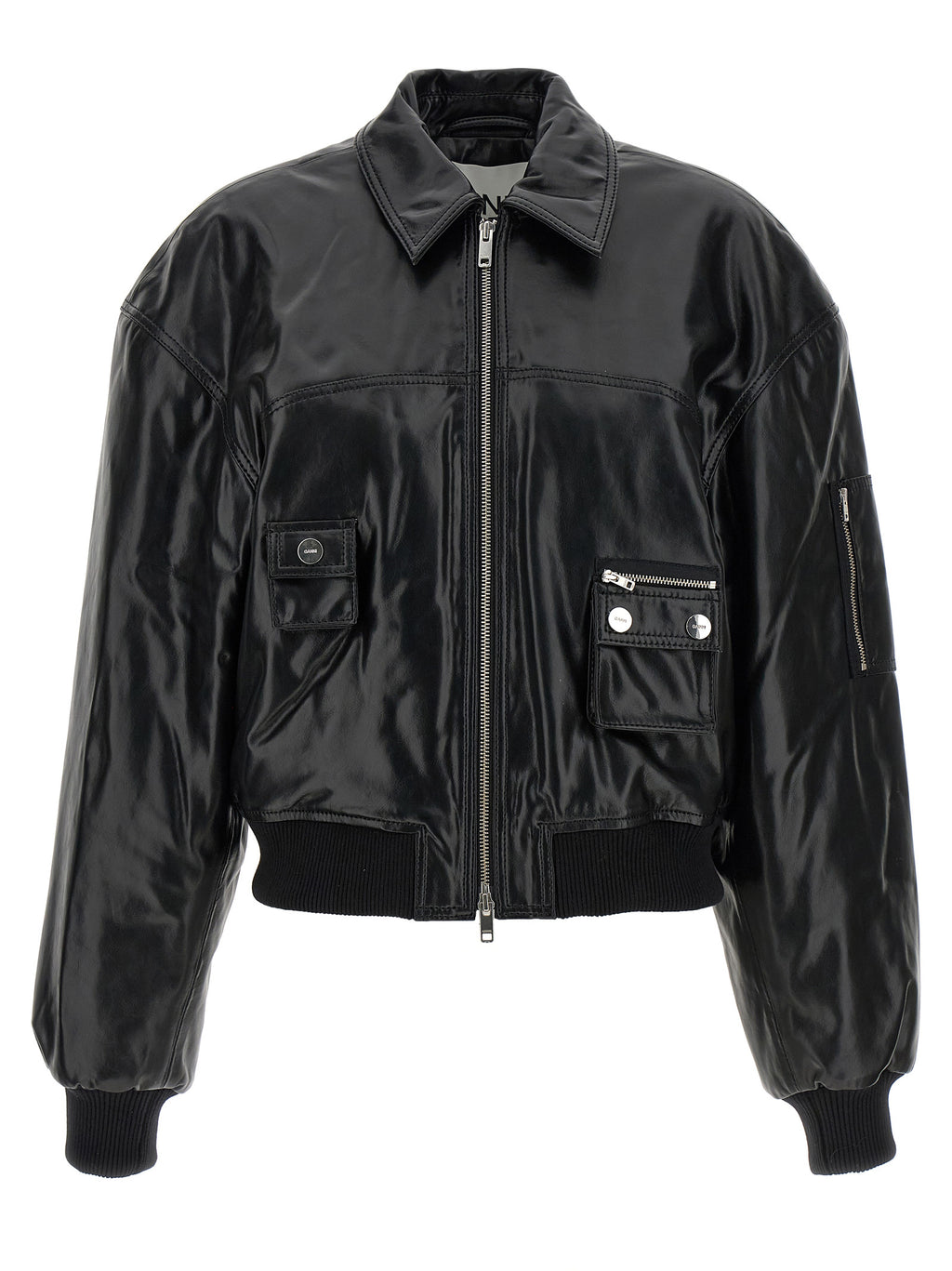 Ganni Black Leather Bomber