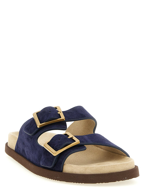 Brunello Cucinelli Pantoletten aus blauem Kalbsleder