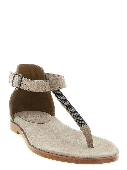 Brunello Cucinelli Flache Sandalen aus beigefarbenem Kalbsleder