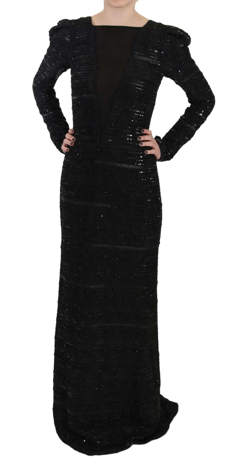 John Richmond Schwarzes Seidenkleid in voller Länge mit Pailletten