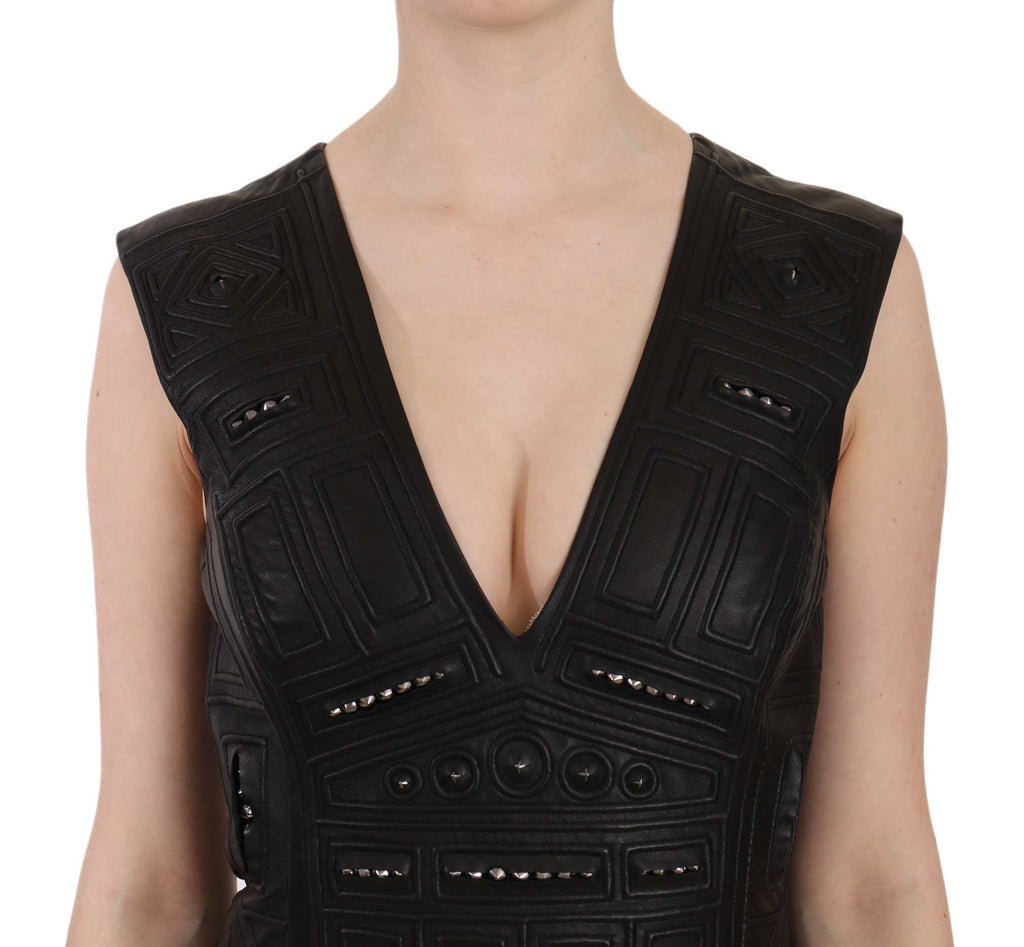 John Richmond Schwarzes Mini-Shiftkleid mit Nieten aus Leder