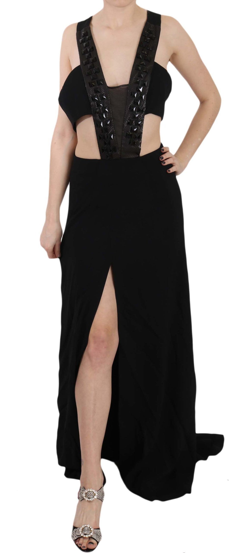 John Richmond Schwarzes Kristall-Lederkleid Flare Dress