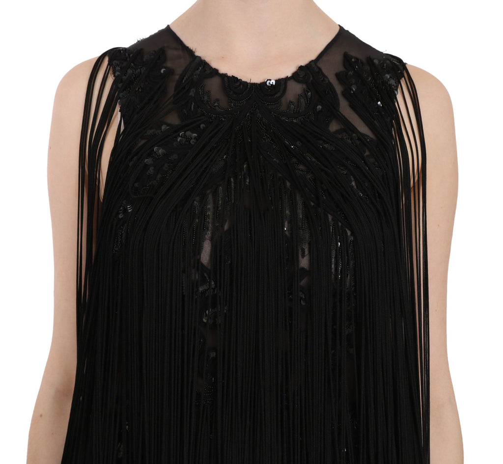 John Richmond Schwarzes Seidenkleid mit Paillettenbesatz