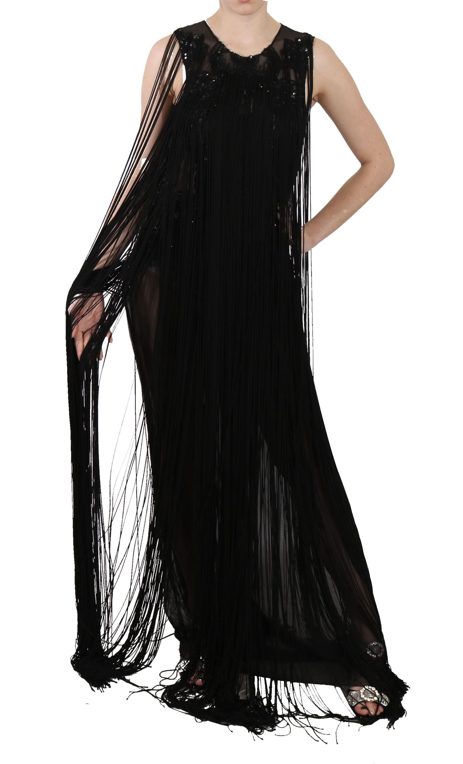John Richmond Schwarzes Seidenkleid mit Paillettenbesatz