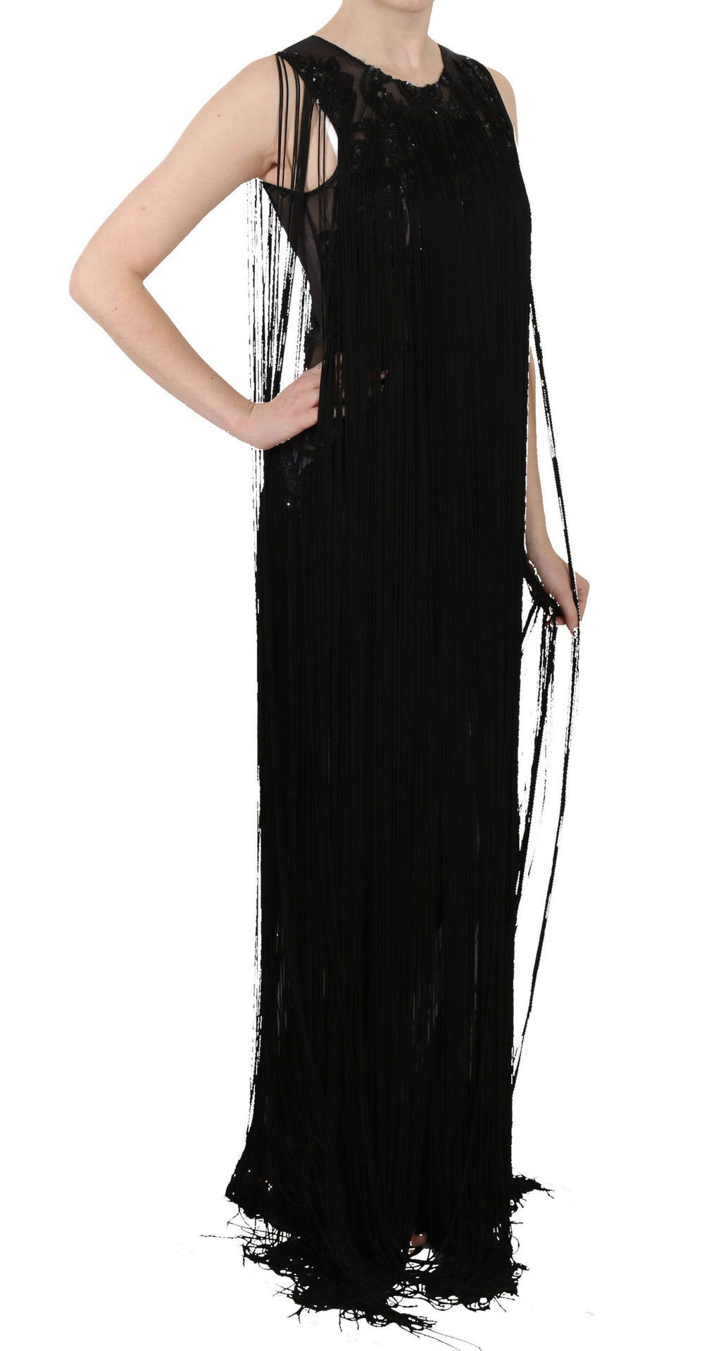 John Richmond Schwarzes Seidenkleid mit Paillettenbesatz