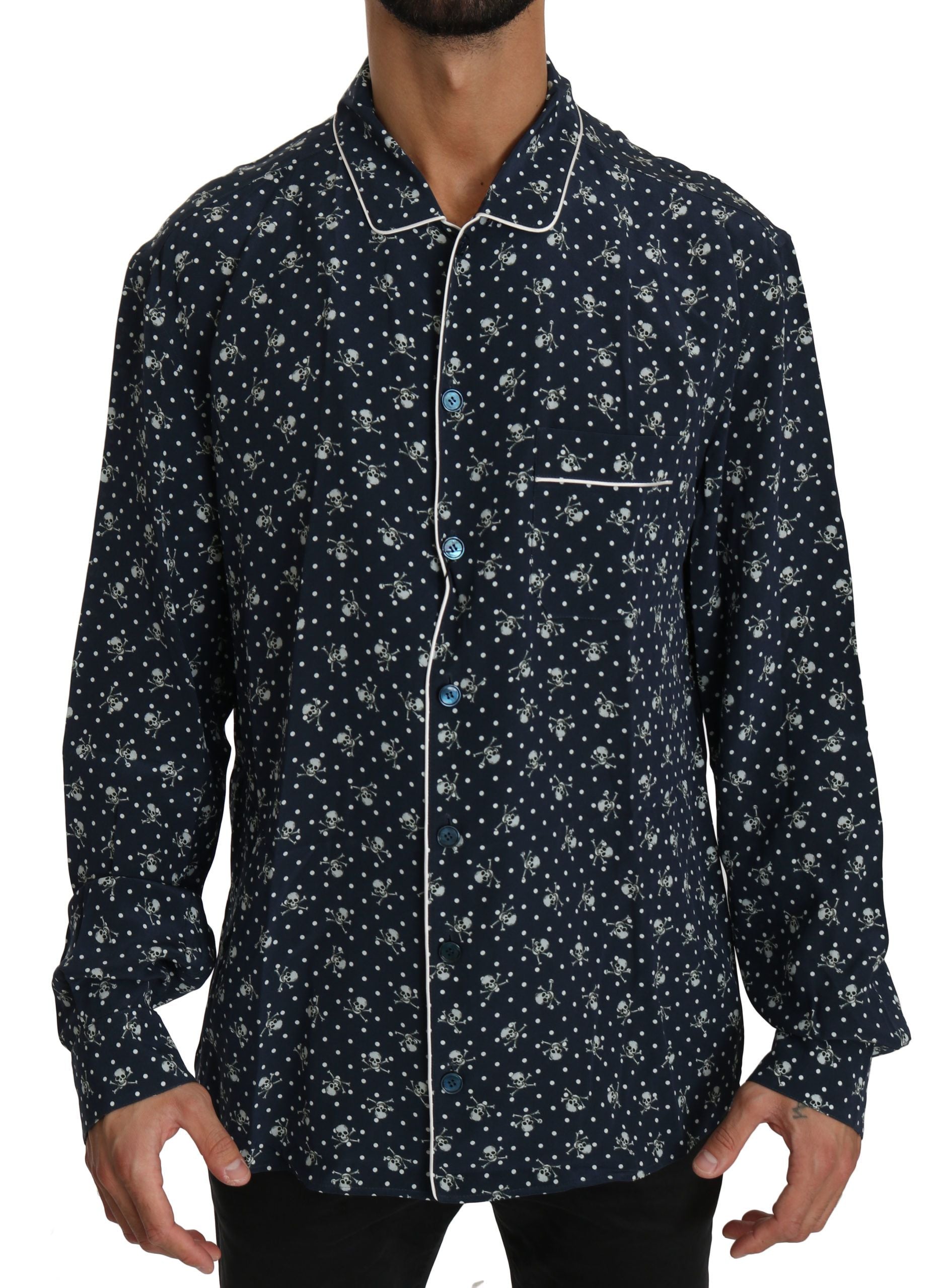 Dolce & Gabbana Blaues Seidentop mit Totenkopfdruck Nachtwäsche Shirt