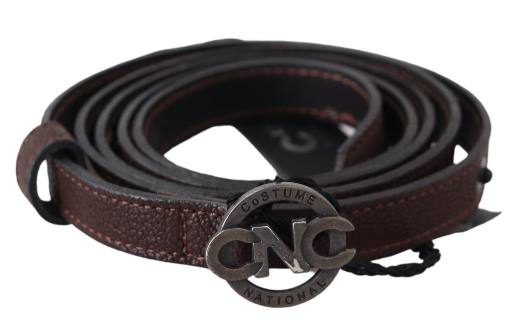 Costume National Brauner Skinny Leder Gürtel mit runder Logoschnalle