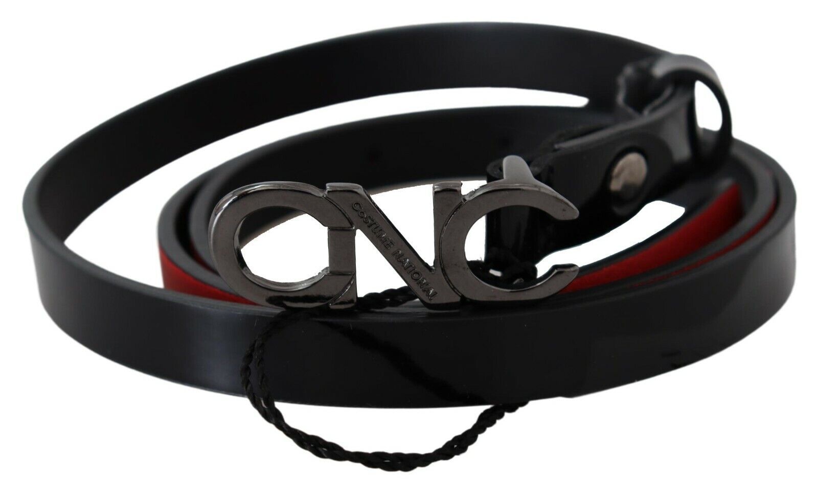 Costume National Schwarzer Skinny Leder Logo Schnallengürtel