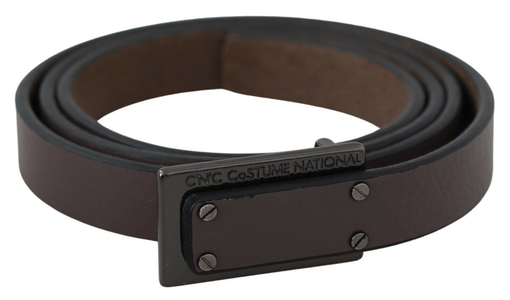 Costume National Brauner Leder Tactical Logo Schraubschnalle Gürtel