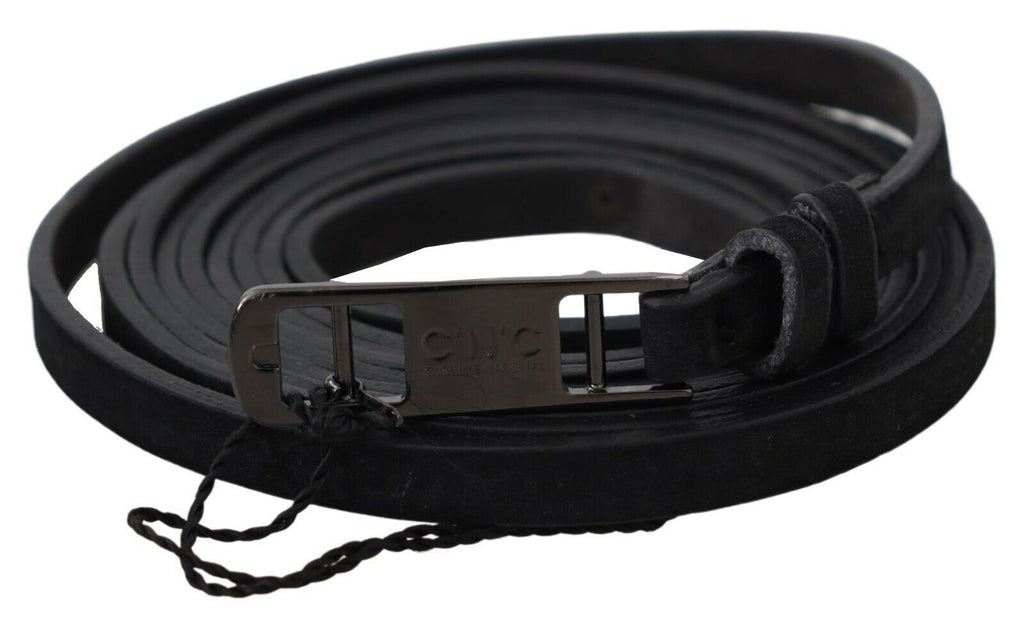 Costume National Schwarzer Leder Skinny Logo Schnallengürtel