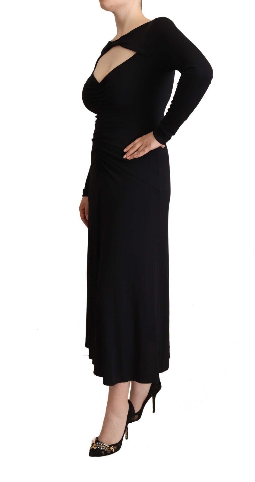 PINKO Schwarzes Nylon Stretch Langarm Maxikleid mit tiefem V-Ausschnitt