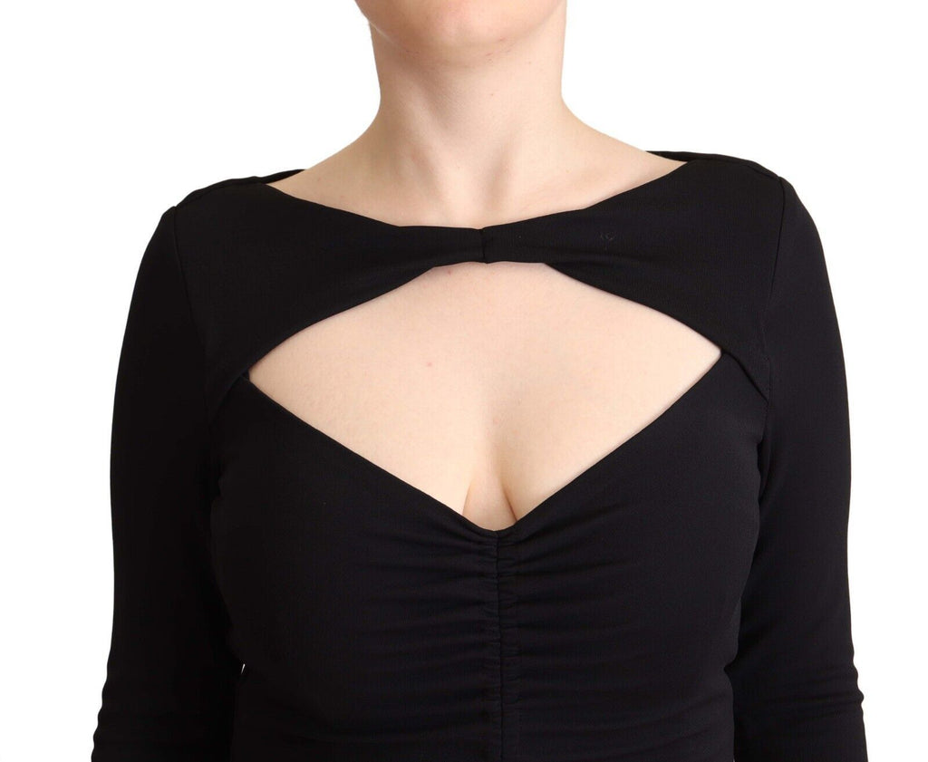 PINKO Schwarzes Nylon Stretch Langarm Maxikleid mit tiefem V-Ausschnitt