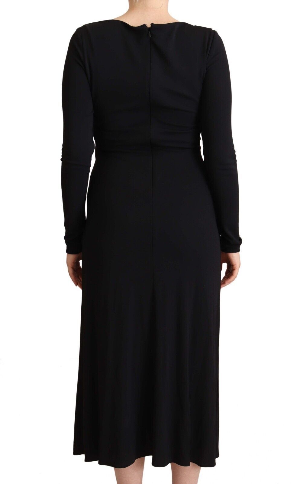 PINKO Schwarzes Nylon Stretch Langarm Maxikleid mit tiefem V-Ausschnitt