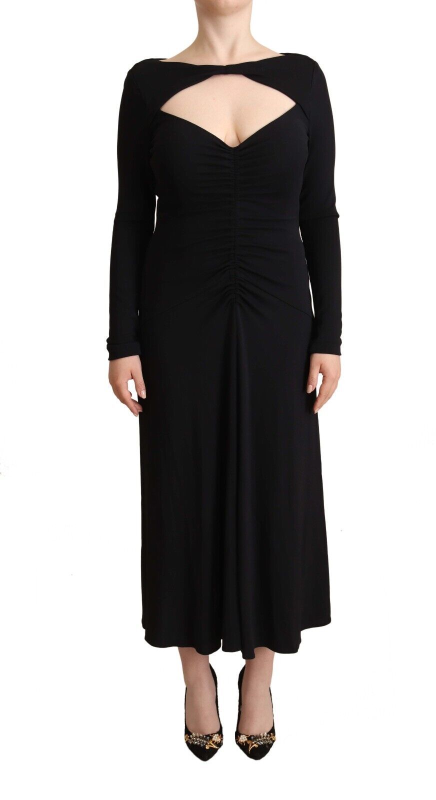 PINKO Schwarzes Nylon Stretch Langarm Maxikleid mit tiefem V-Ausschnitt