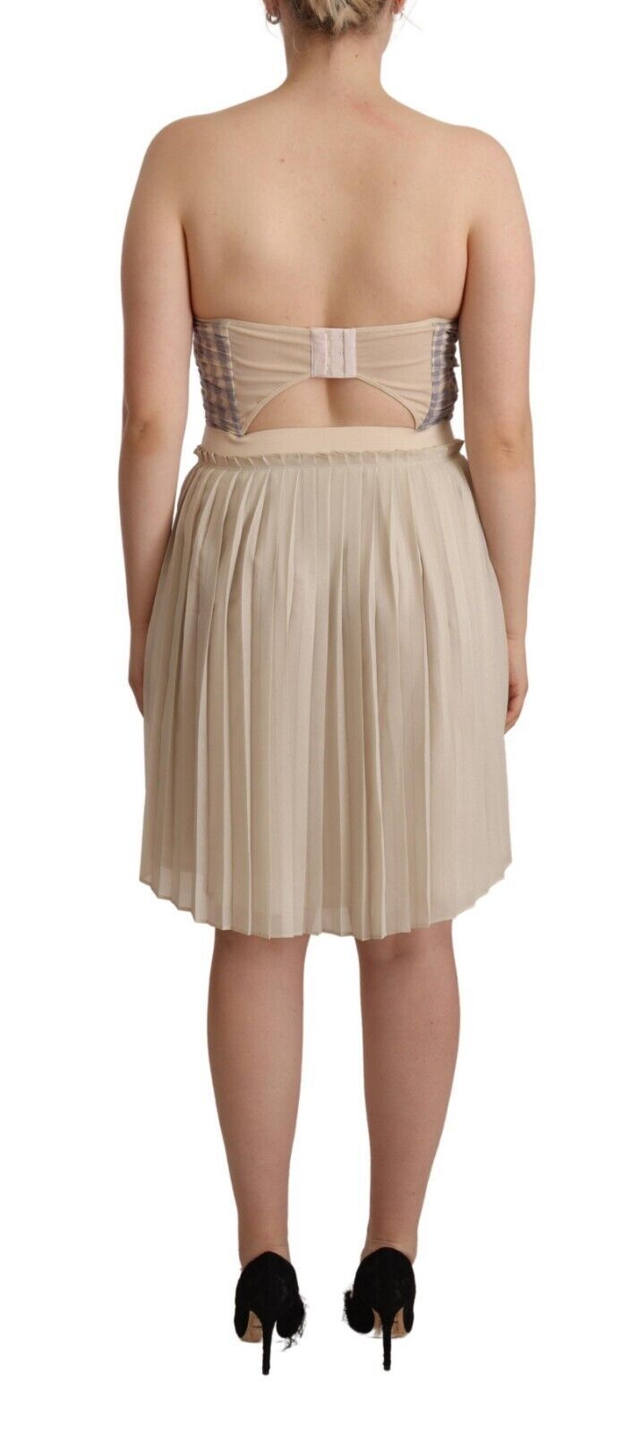 Guess Beige kariertes plissiertes trägerloses A-Linien-Kleid mit Bustier