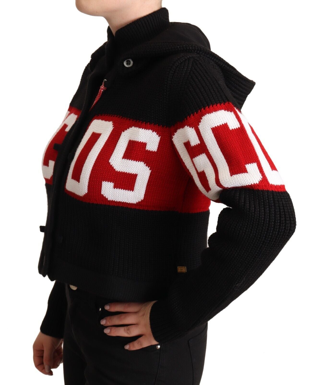GCDS Schwarze Kaschmir-Kapuzenjacke mit Knopfleiste und Logo-Cardigan