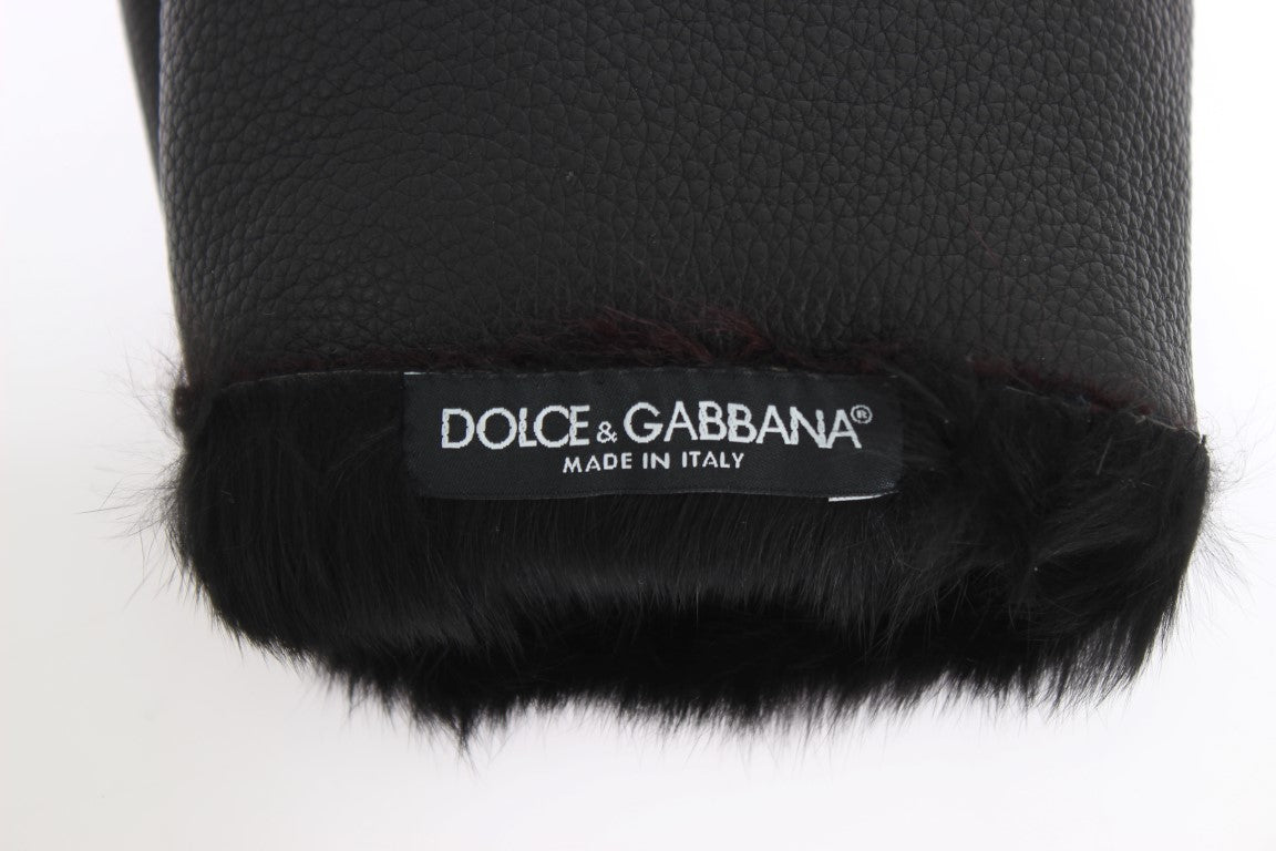 Dolce & Gabbana Schwarz Leder Bordeaux Shearling Handschuhe