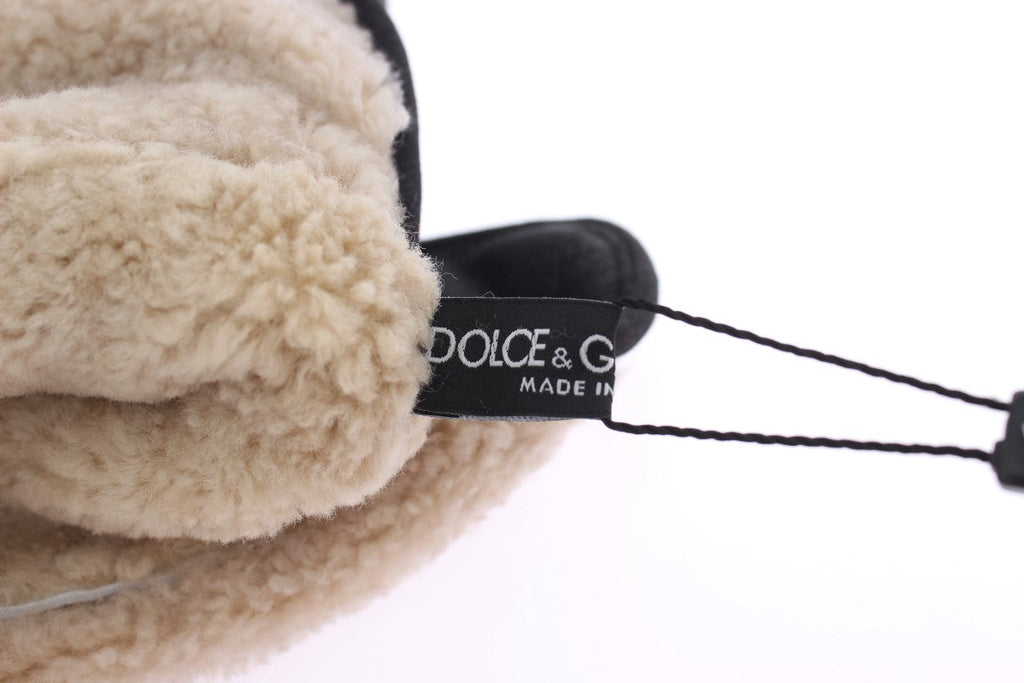 Dolce & Gabbana Graue Woll-Shearling-Handschuhe mit Nieten und grünem Leopardenmuster