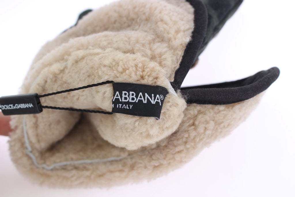 Dolce & Gabbana Graue Woll-Shearling-Handschuhe mit Nieten und grünem Leopardenmuster