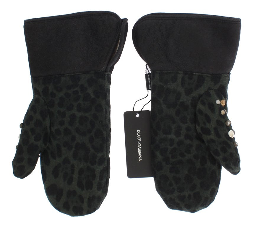 Dolce & Gabbana Graue Woll-Shearling-Handschuhe mit Nieten und grünem Leopardenmuster