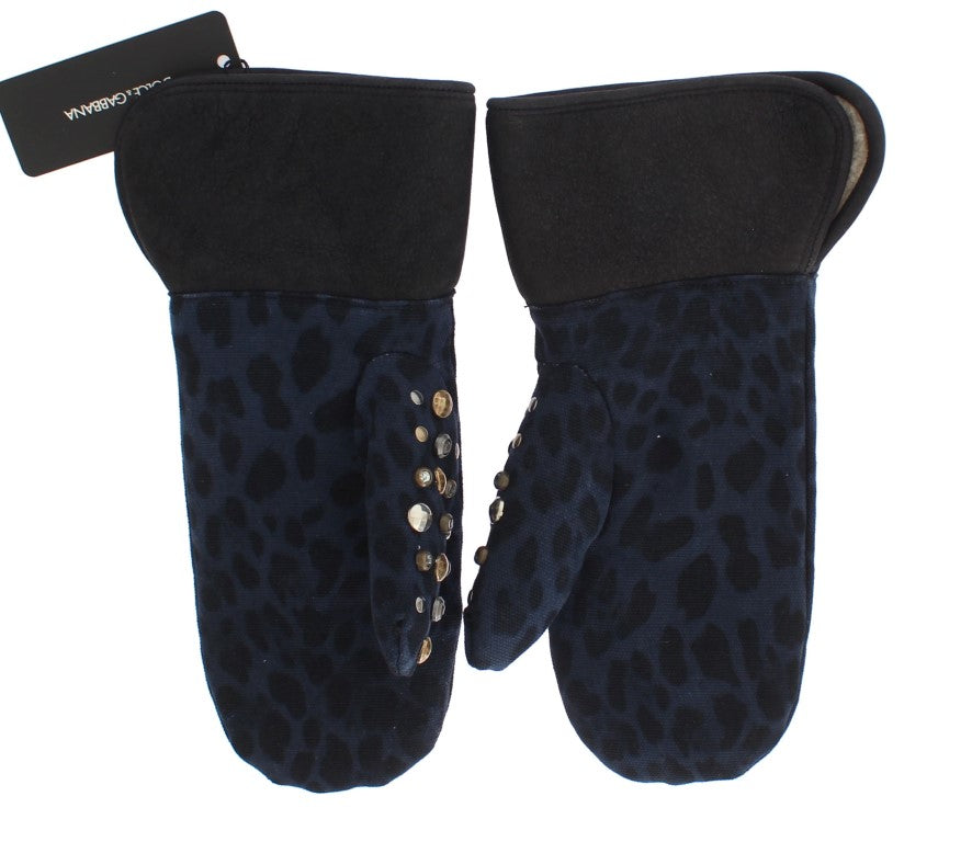 Dolce & Gabbana Graue Woll-Shearling-Handschuhe mit Nieten und blauem Leopardenmuster