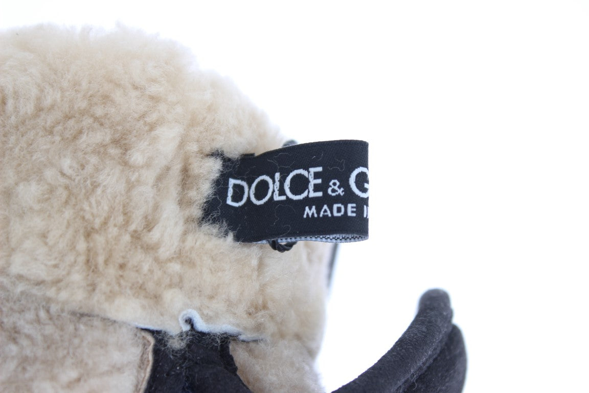 Dolce & Gabbana Graue Woll-Shearling-Handschuhe mit Nieten und blauem Leopardenmuster