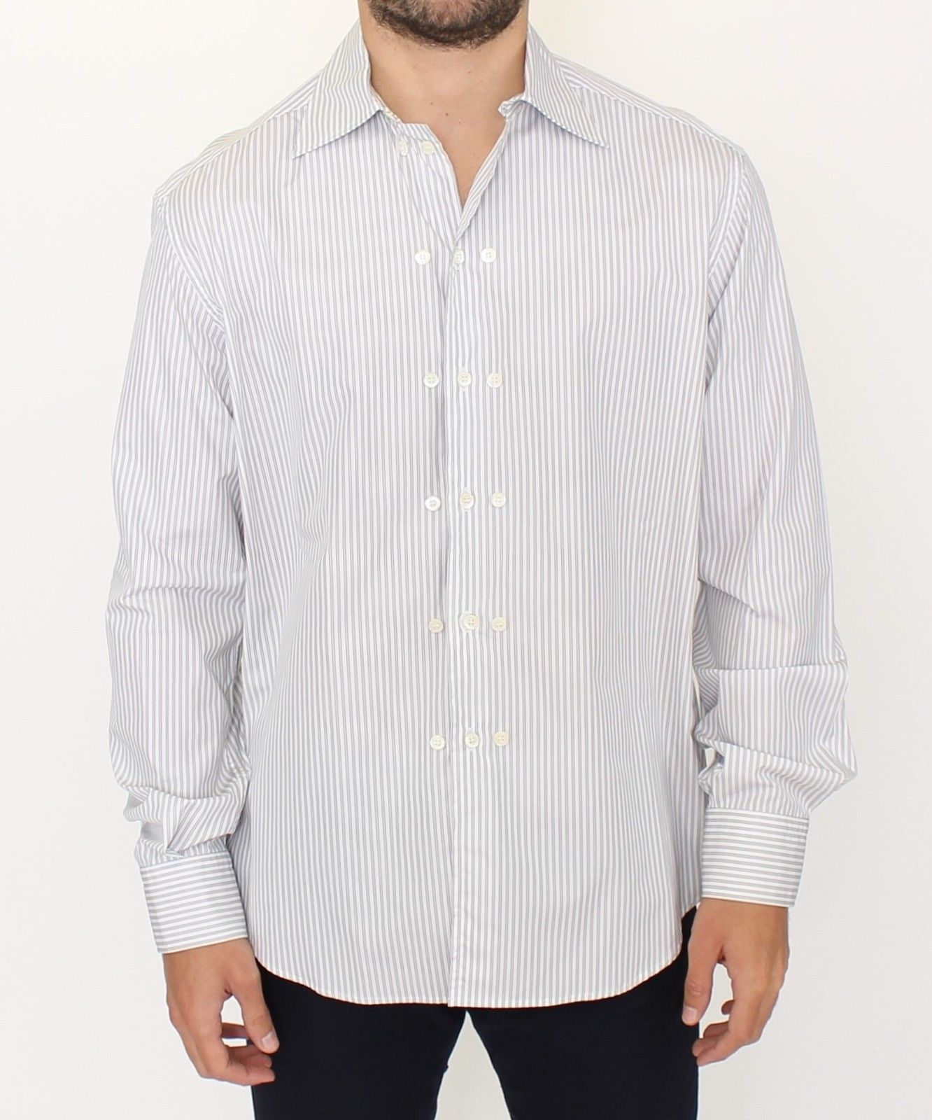 Ermanno Scervino Weiß-grau gestreiftes Regular Fit Freizeithemd