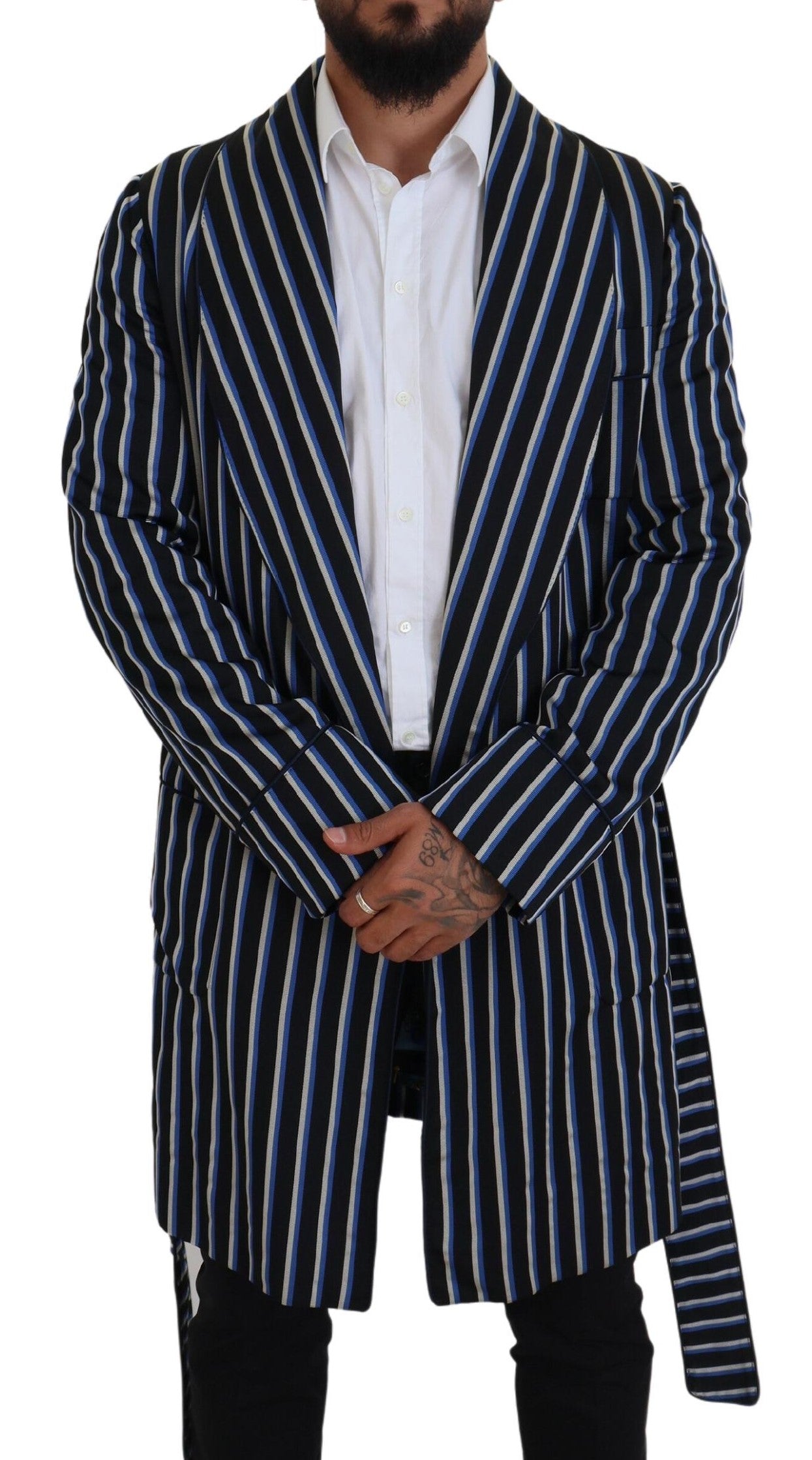 Dolce & Gabbana Schwarzblauer Martini-Bademantel mit bedrucktem Futter