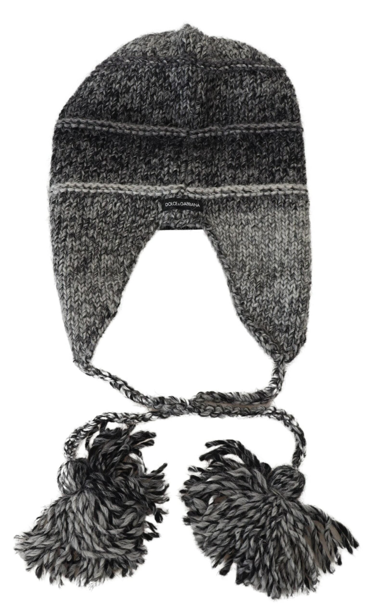 Dolce & Gabbana Graue Warme Fleece Ohrenklappen Strickmütze Beanie