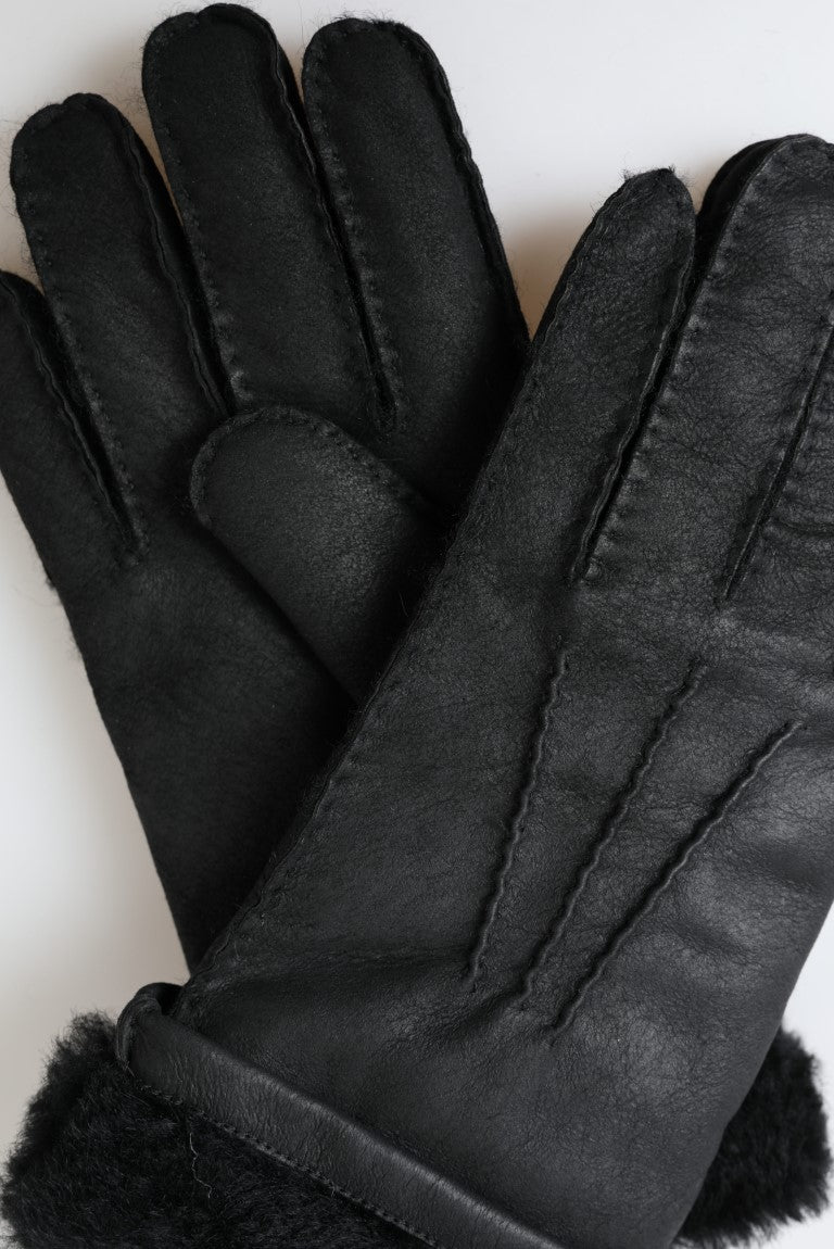 Dolce & Gabbana Schwarzes Leder Fell Kurze Hände Fäustlinge Männer Handschuhe