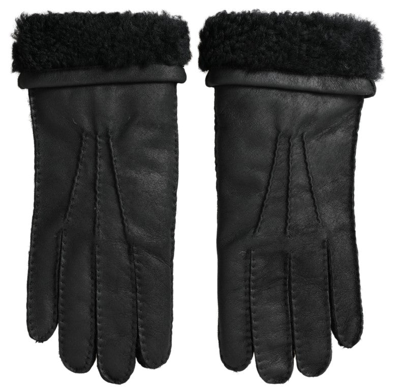 Dolce & Gabbana Schwarzes Leder Fell Kurze Hände Fäustlinge Männer Handschuhe