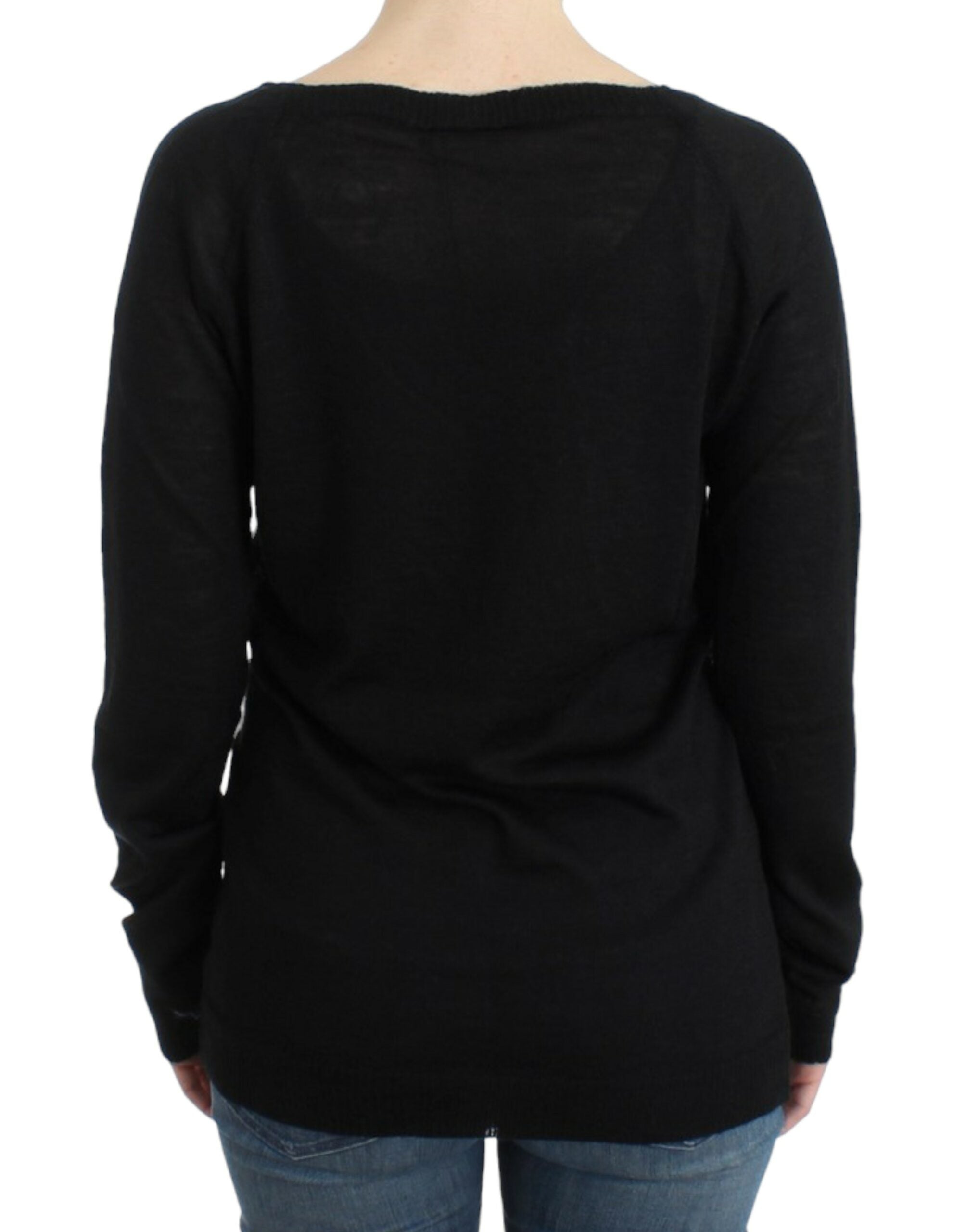 Costume National Schwarzer gestreifter Pullover mit V-Ausschnitt