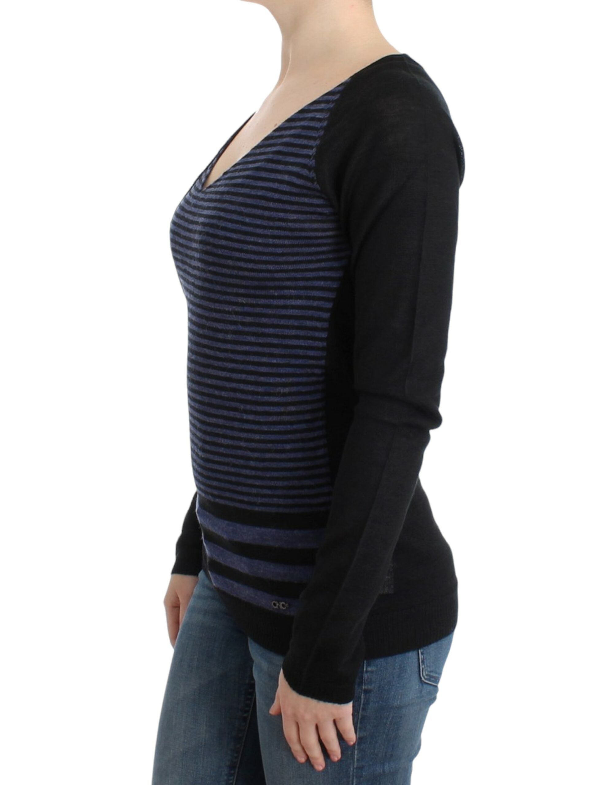 Costume National Schwarzer gestreifter Pullover mit V-Ausschnitt