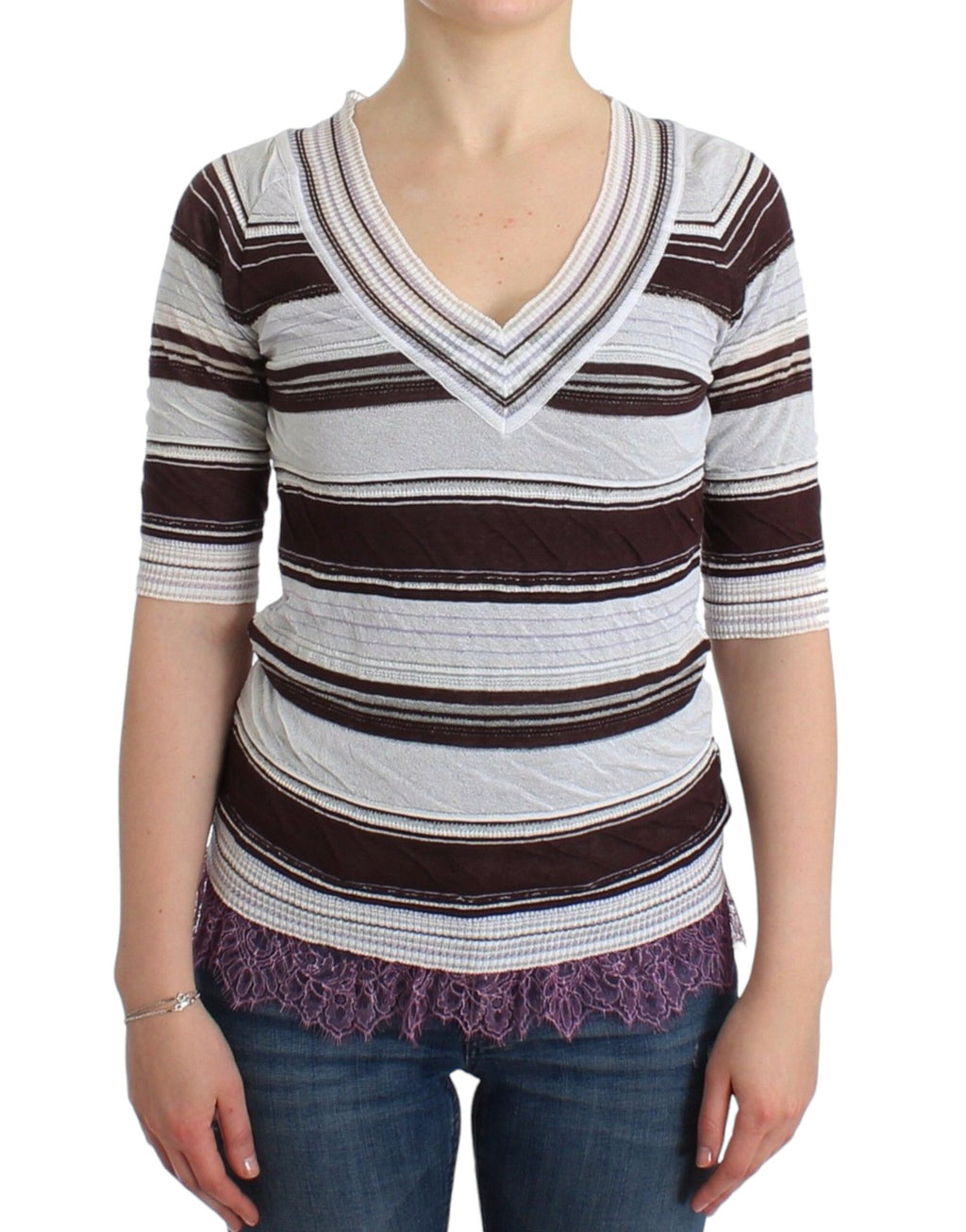 Ermanno Scervino Gestreiftes Spitzen-Top mit V-Ausschnitt und kurzen Ärmeln Pullover