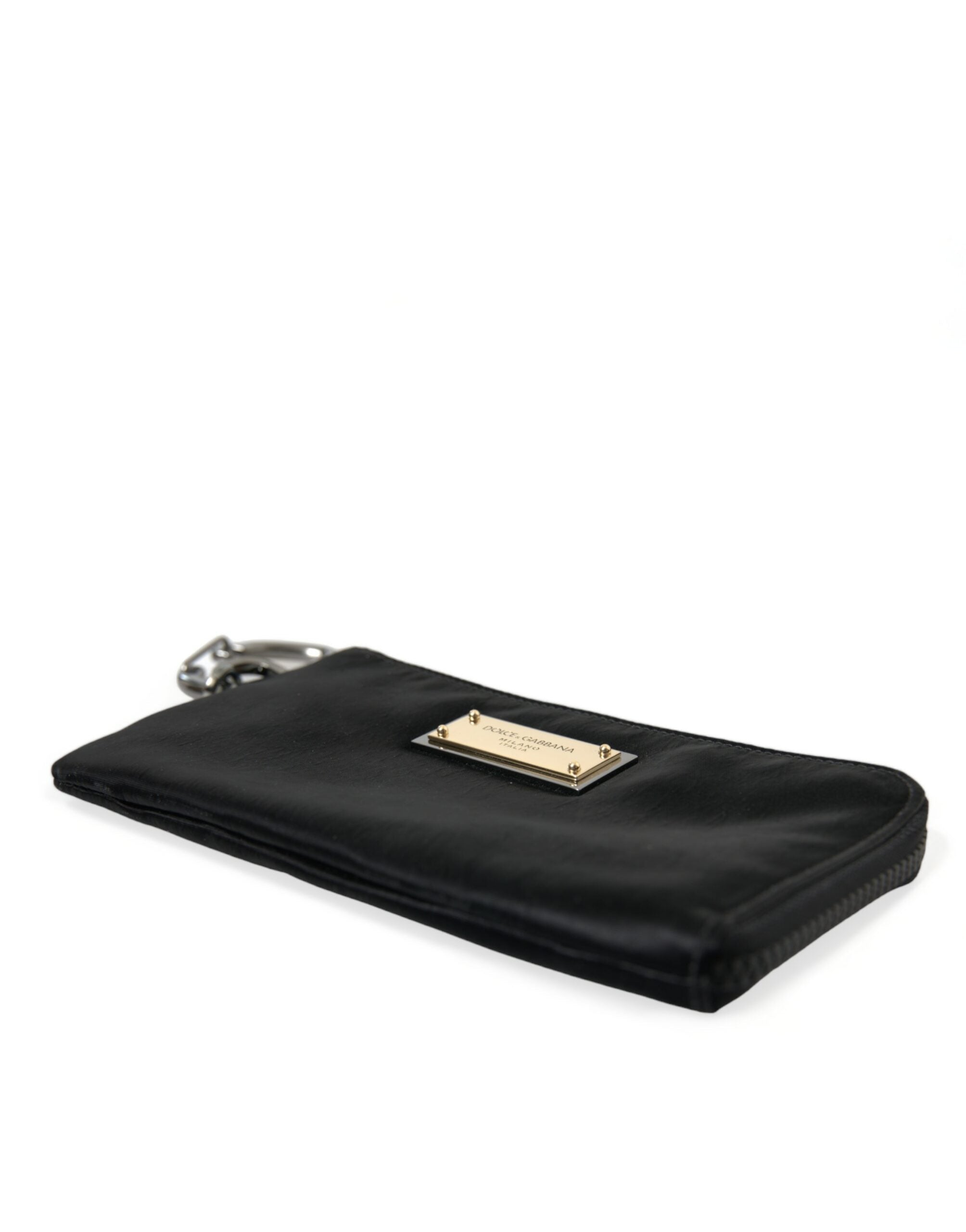 Dolce & Gabbana Schwarzes Nylon Logo Plaque Schlüsselanhänger Beutel Clutch Taschen