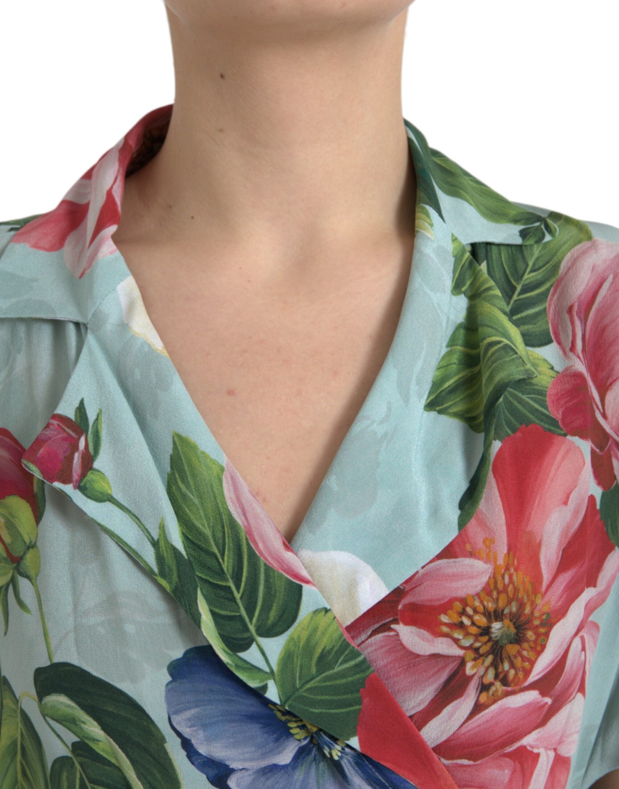 Dolce & Gabbana Blauer geblümter Wickel-Overall mit weitem Bein