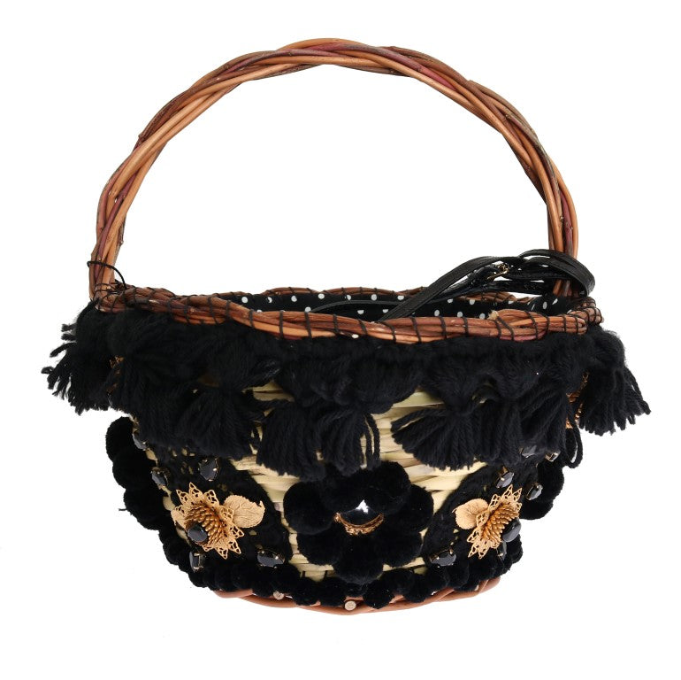 Dolce & Gabbana Beige Stroh Schlangenhaut Pom Pom Kristall AGNESE Tasche