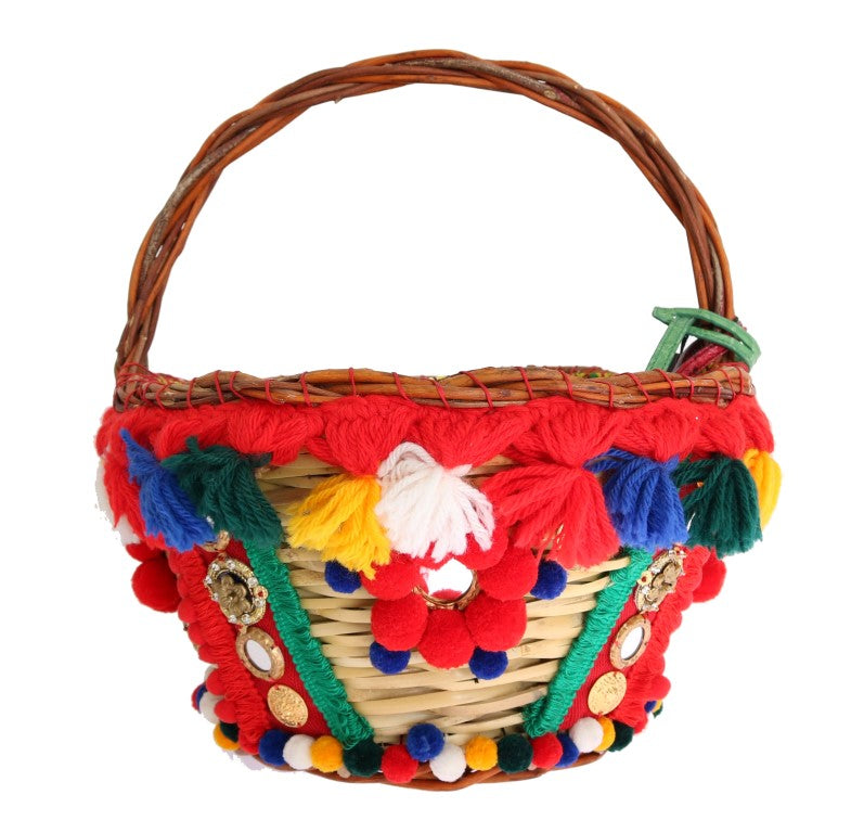 Dolce & Gabbana Multicolor AGNESE Stroh Kristall Pom Pom Tasche