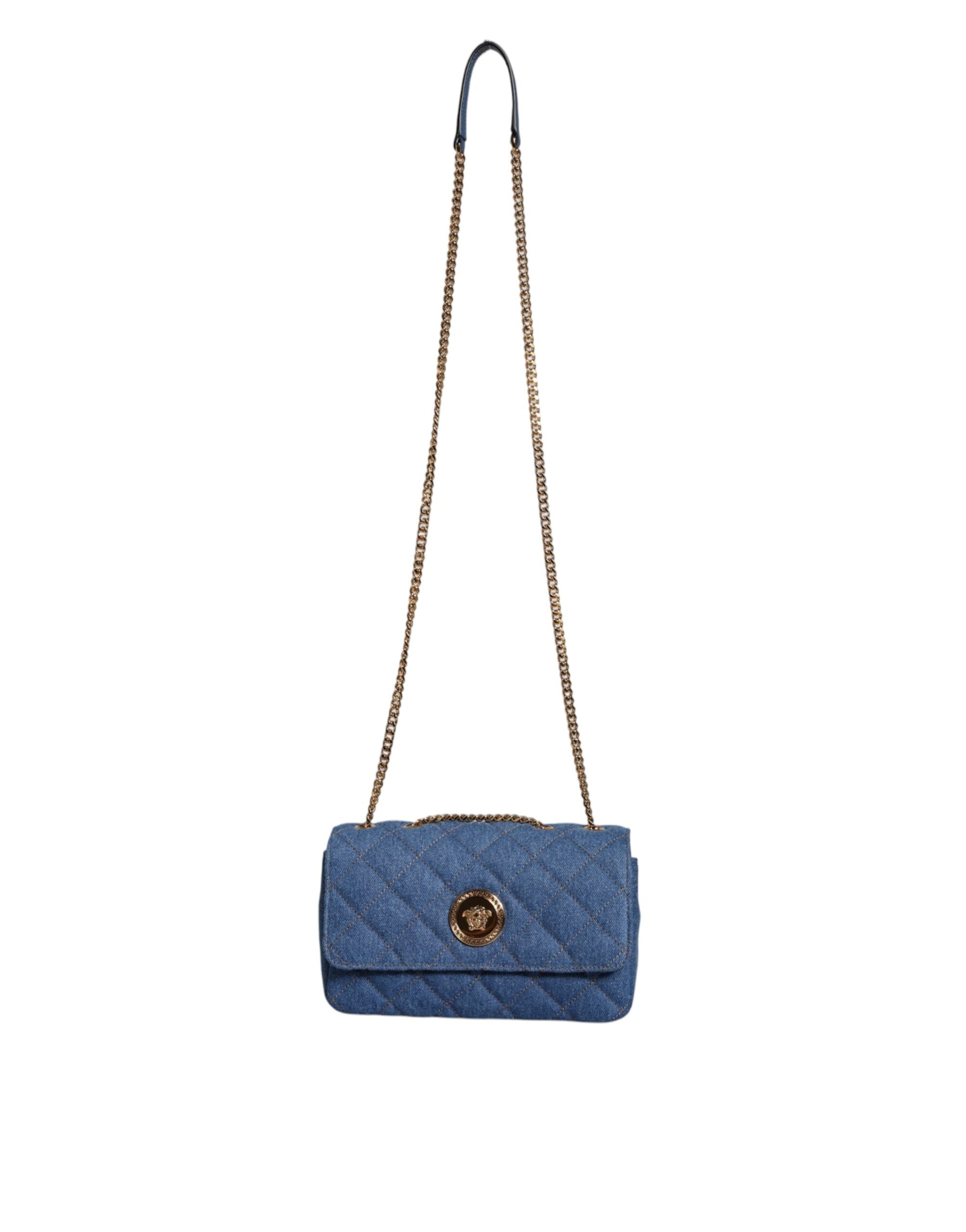 Versace Blaue gesteppte Denim Leder Crossbody Umhängetasche