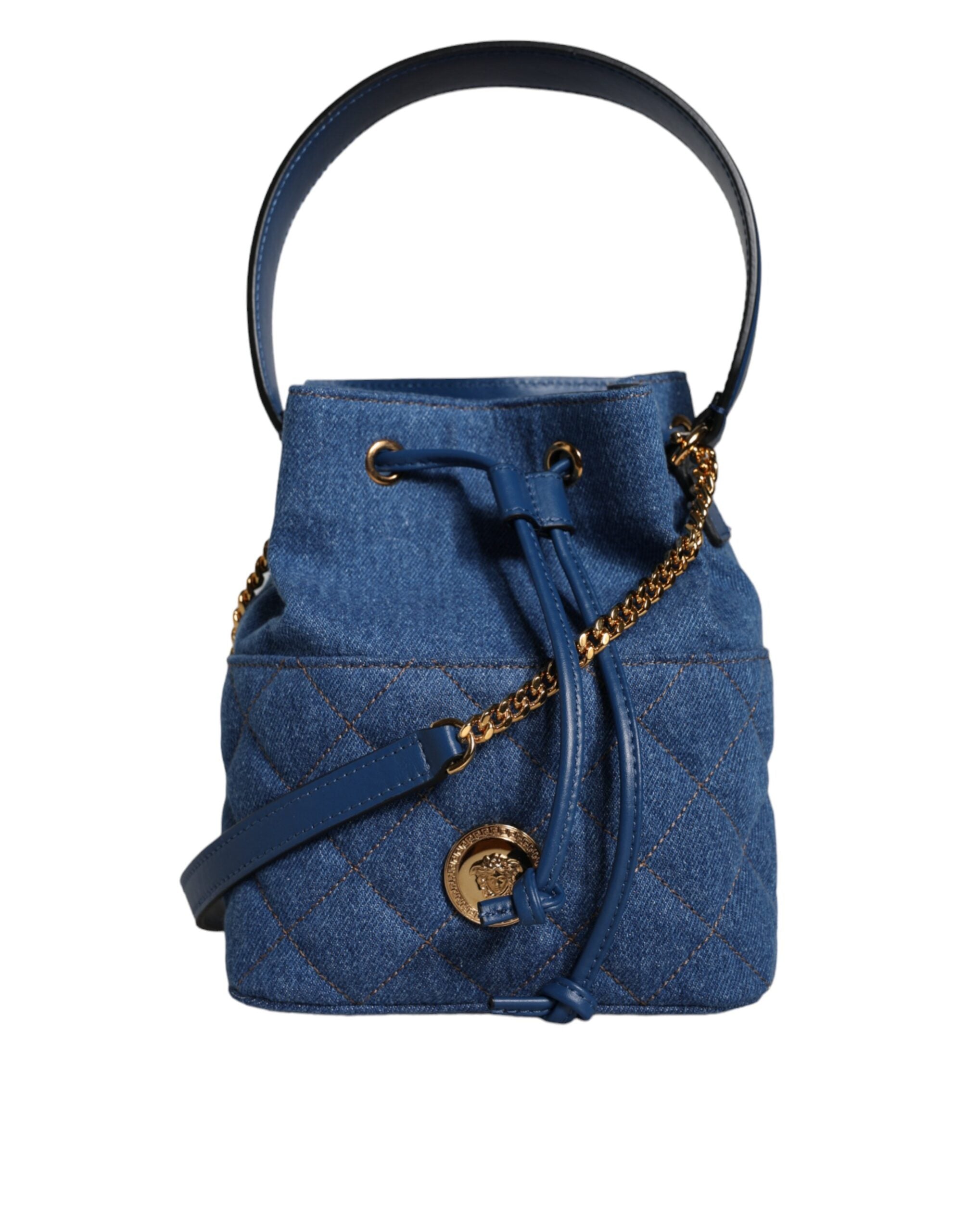 Versace Blaue gesteppte Denim Leder Crossbody Umhängetasche