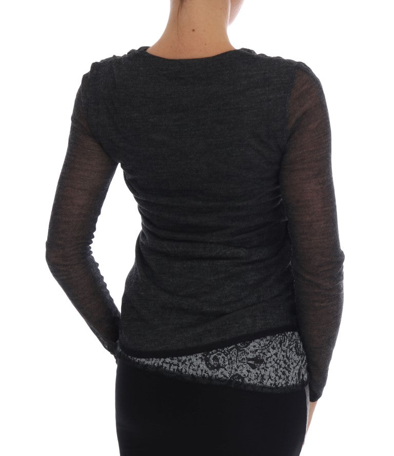 Ermanno Scervino Graues Woll-Spitzen-Top Langarm-T-Shirt
