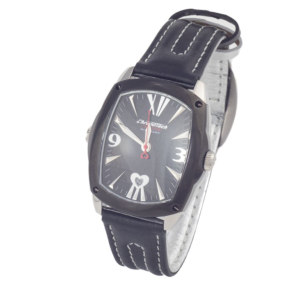 Chronotech Schwarze Leder-Kleidungsuhr