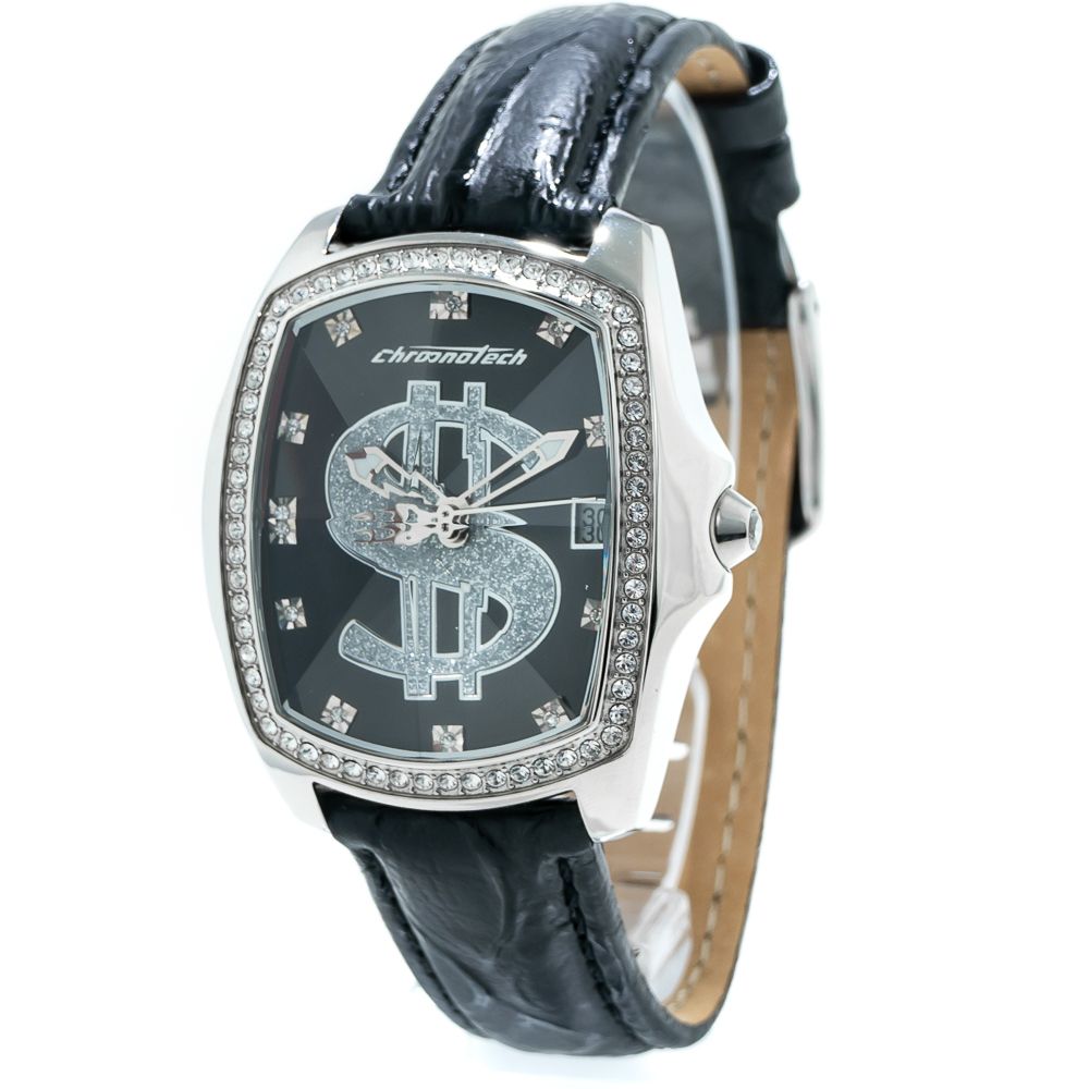 Chronotech Schwarze Leder-Kleidungsuhr