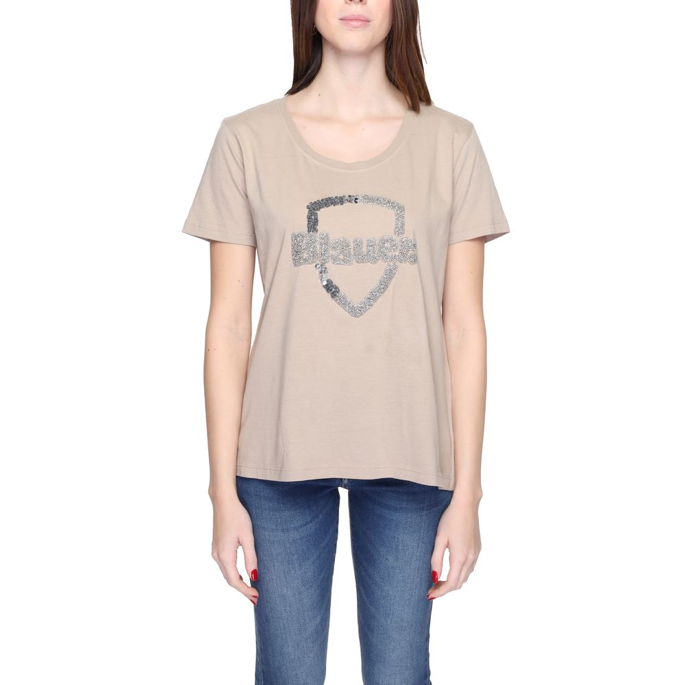 Blauer Beigefarbenes T-Shirt aus Baumwolle