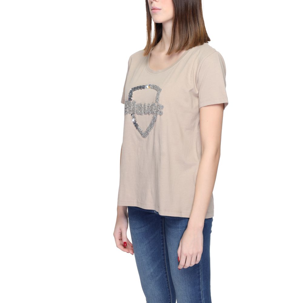 Blauer Beigefarbenes T-Shirt aus Baumwolle