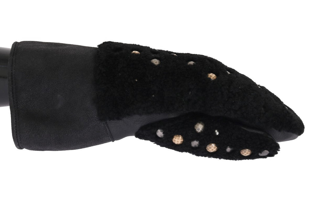 Dolce &amp; Gabbana Schwarze Leder-Shearling-Handschuhe mit Nieten