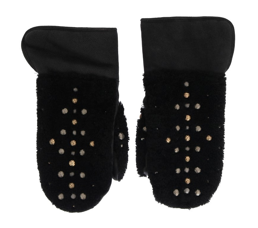 Dolce &amp; Gabbana Schwarze Leder-Shearling-Handschuhe mit Nieten