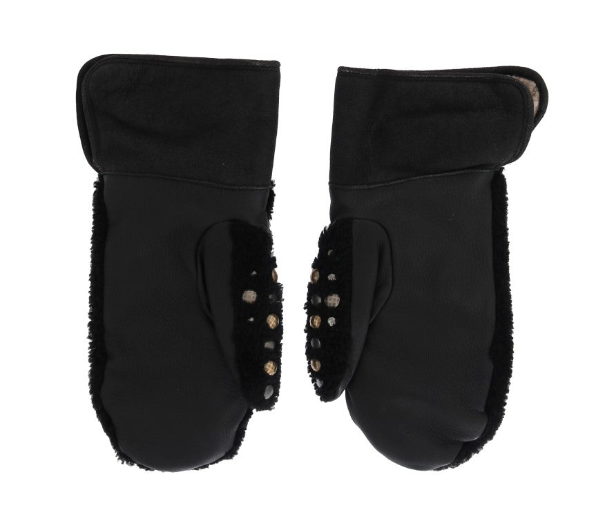 Dolce & Gabbana Schwarze Leder-Shearling-Handschuhe mit Nieten