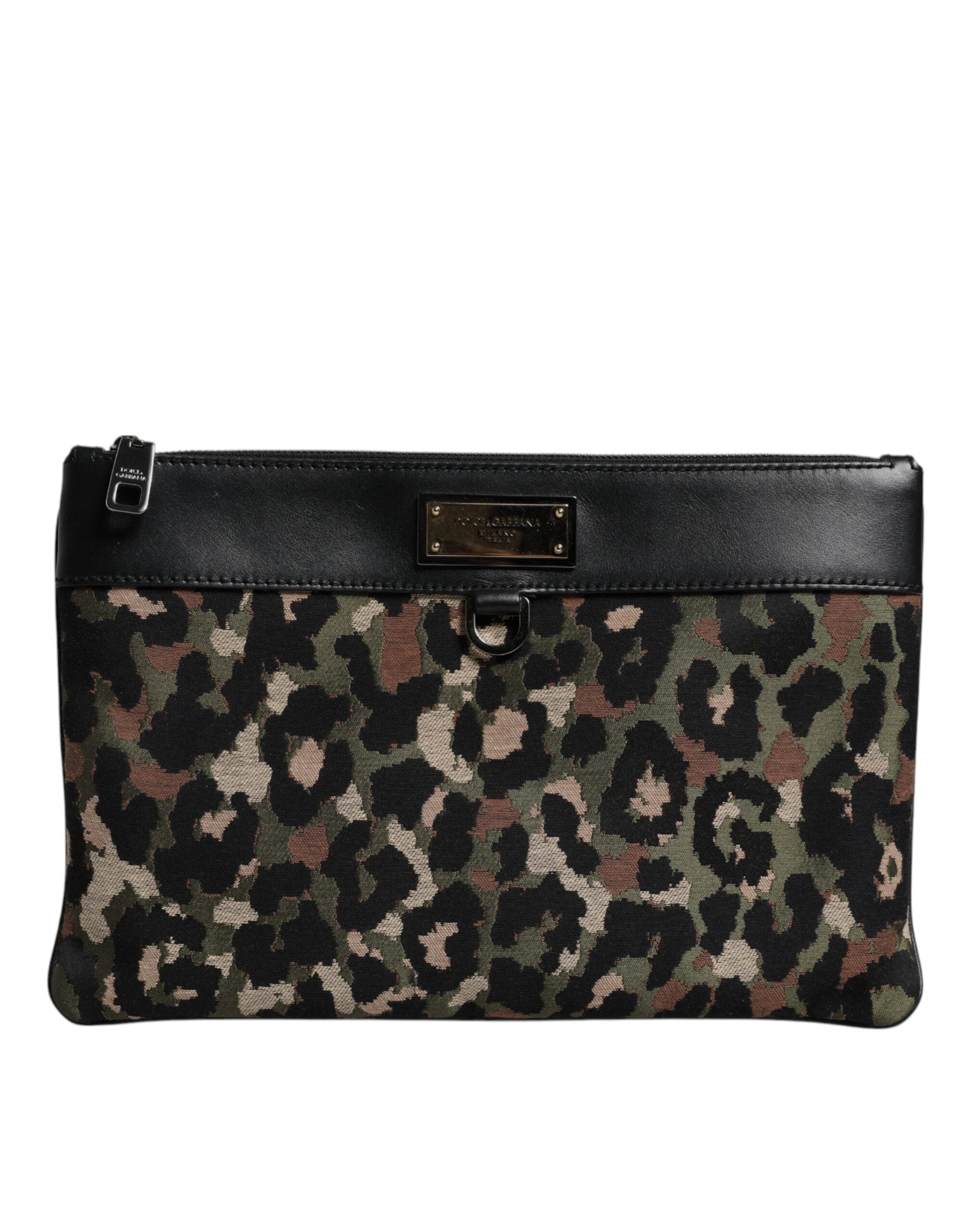 Dolce & Gabbana Multicolor Leopard Jacquard Print Logo Plaque Pouch Tasche
